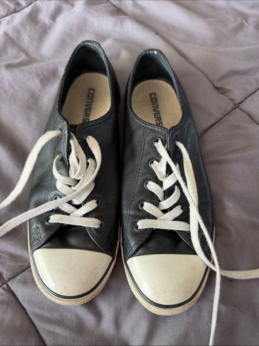 Converse Black Leather Low-Top Sneakers with White Accents WOMEN 9